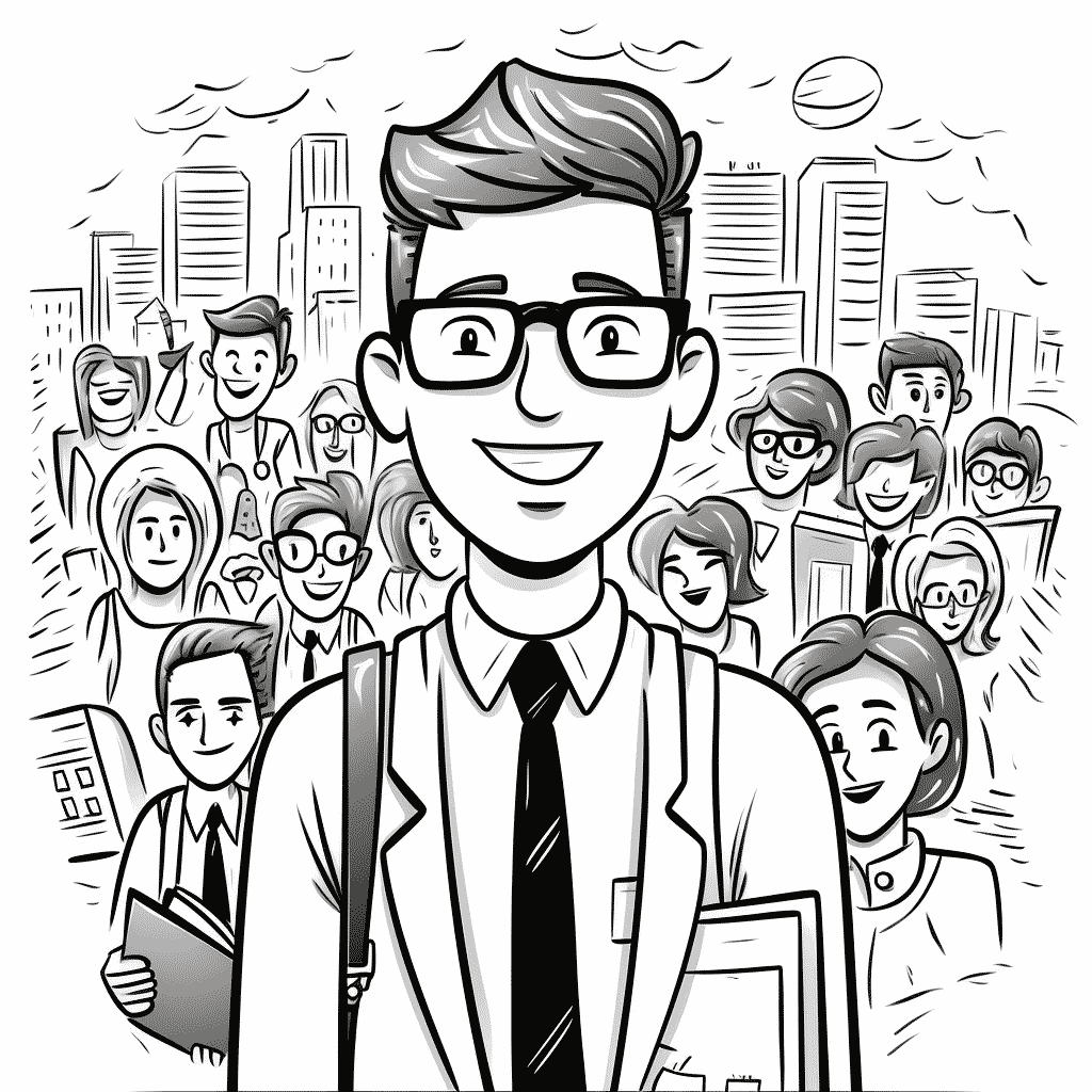 Un homme habillé en tenue de travail de bureau, avec en arrière-plan des personnes souriantes. L'homme dont il est question est l'un des plus souriants.