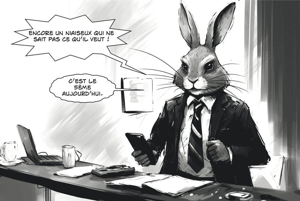 Un lapin businessman énervé contre tous les niaiseux qui l'appellent toute la journée en ne sachant pas ce qu'ils veulent exactement.