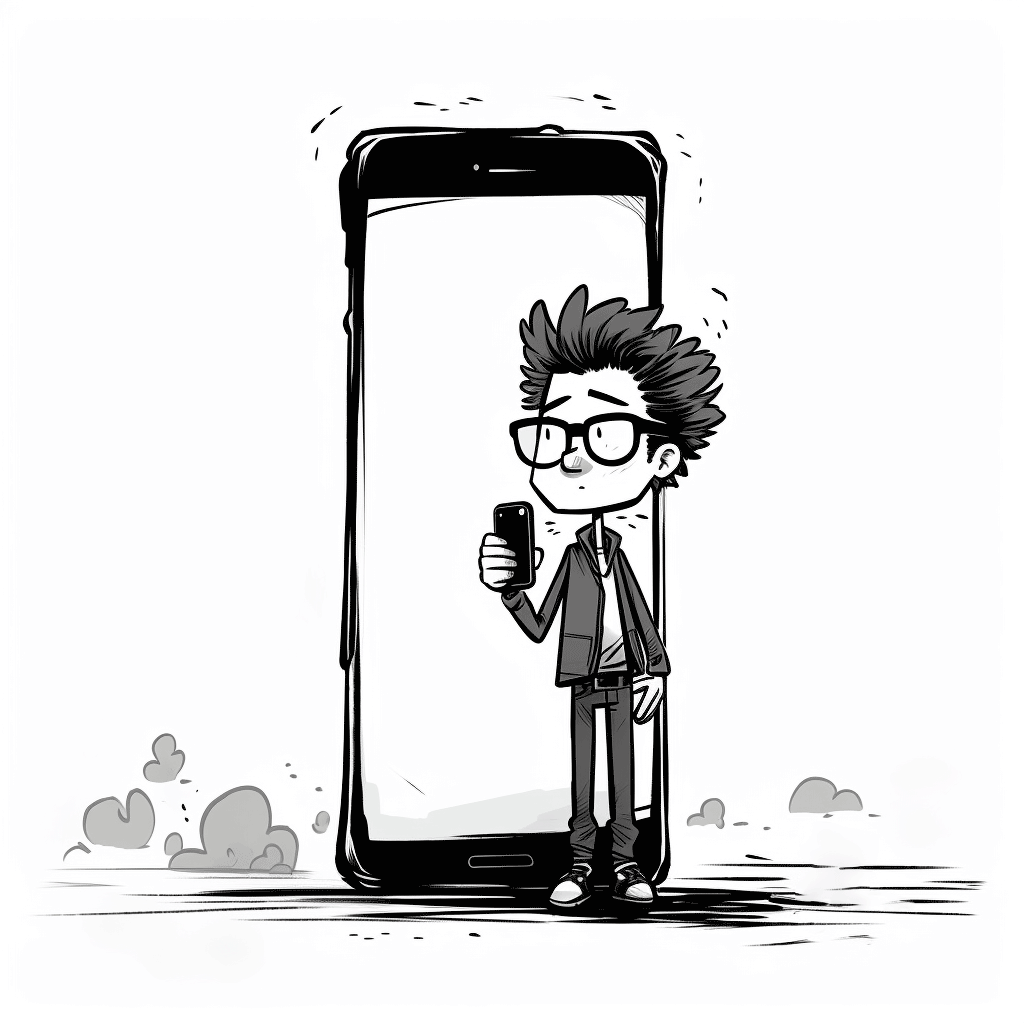 Un homme devant un énorme smartphone, plus gros que lui. L'homme semble intimidé par son futur appel.